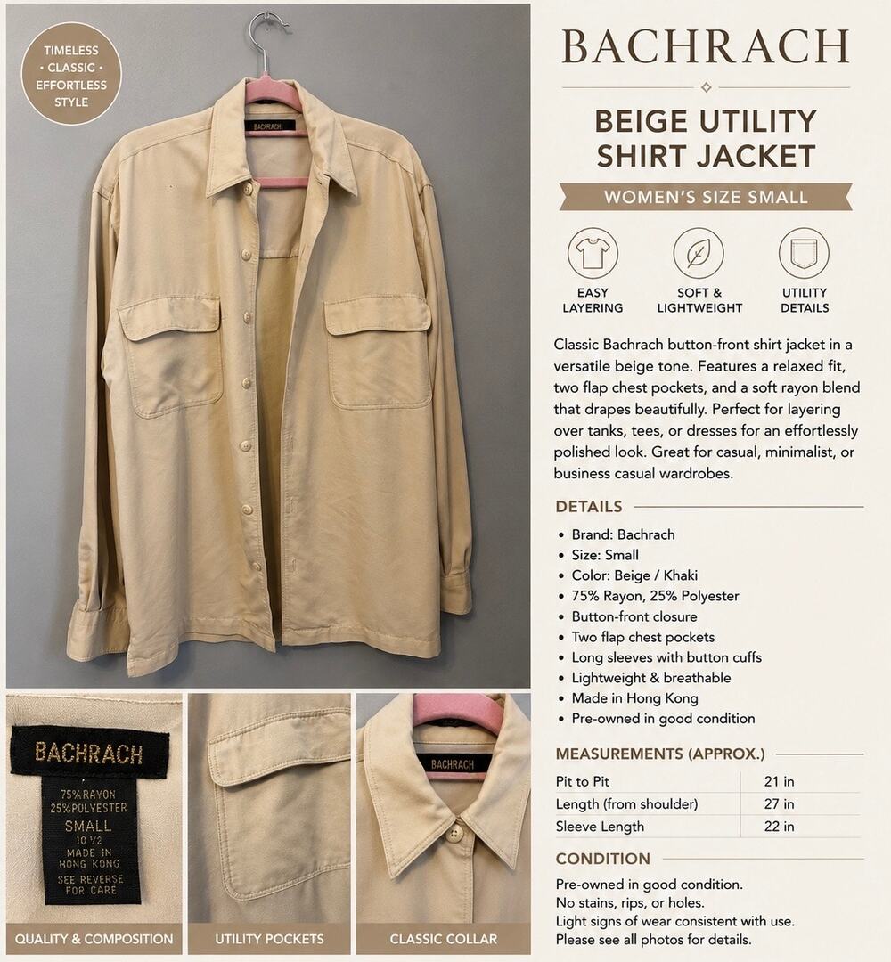 Bachrach Beige Button Front Utility Shirt Jacket Rayon Blend Size Small